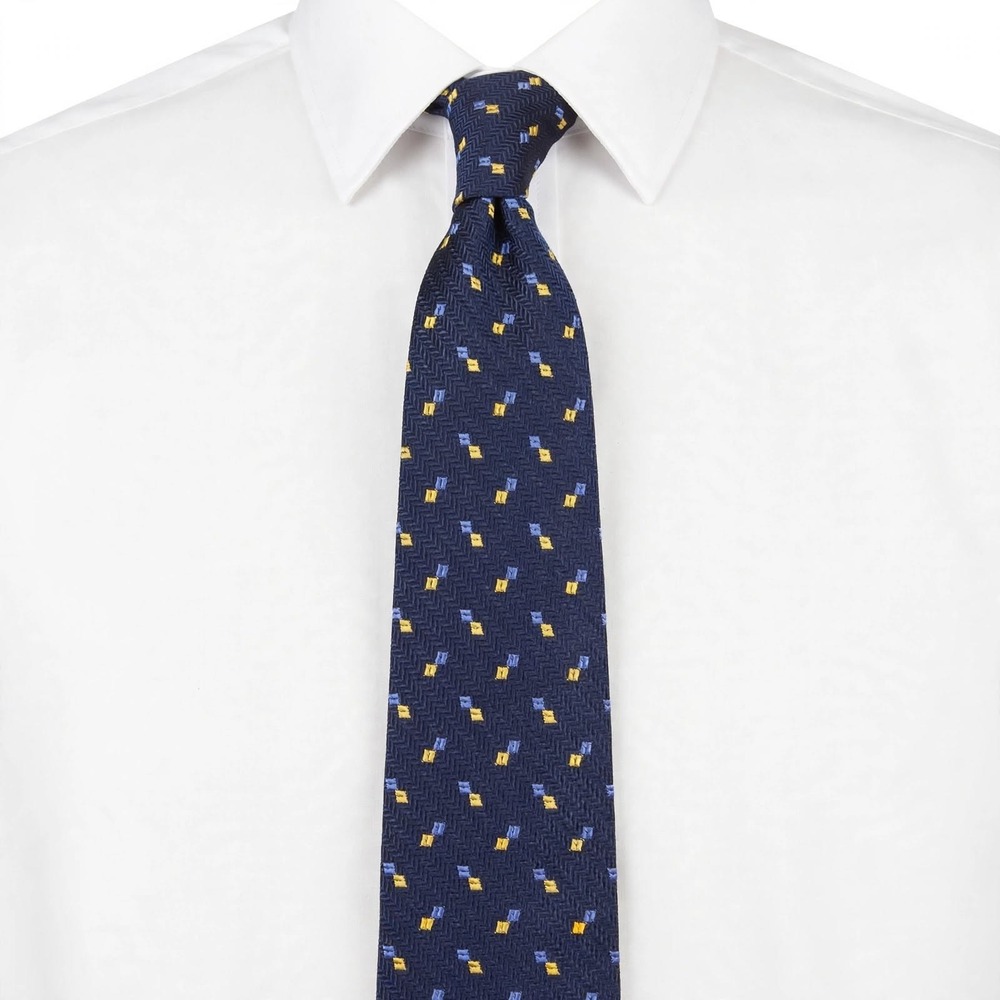 Lauren Ralph Lauren Silk Tie Navy Blue Gold Blue Dot Hand Finished USA EUC
